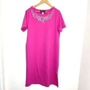 Bob Mackie Wearable Art Pink Embroidered Midi Dress Womens Large Short Sleeve